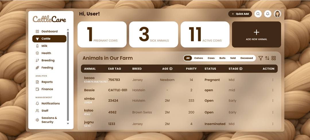 CattleCare - Dairy Farm Dashboard